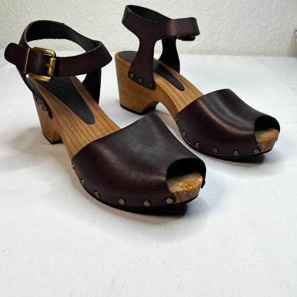 Lisa B Peep Toe Clogs Low Wood Heel Chocolate Brown Leather 40 Boho US 8.5 / 9 - Picture 9 of 13